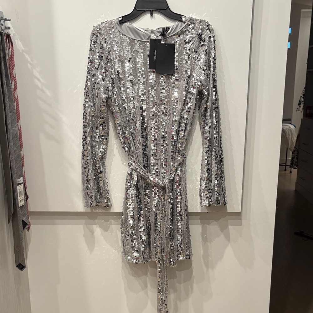 Silver Sequin Long Sleeve Dress